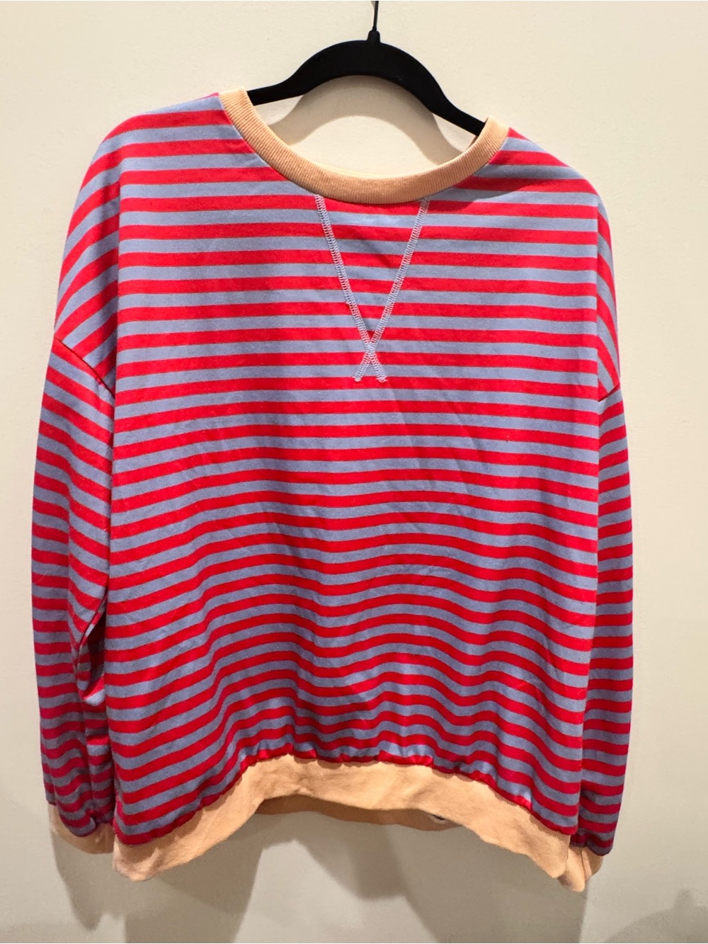Amazon Striped Crewneck Sweater in Red, Light Blue and Peach Trim